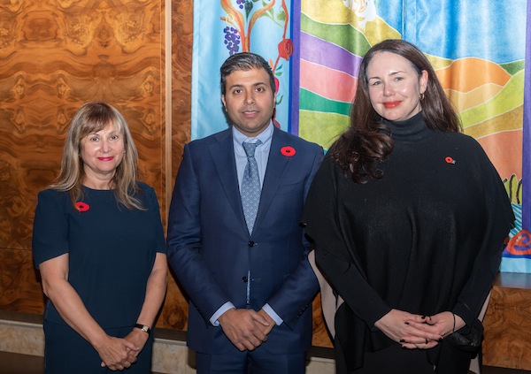 photo - Vancouver Holocaust Education Centre president Corinne Zimmerman, left, and VHEC executive director Nina Kreiger with MP Taleeb Noormohamad