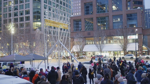 photo - Several hundred people came to the Vancouver Art Gallery Plaza to participate in the annual lighting of the Silber Family Agam Menorah