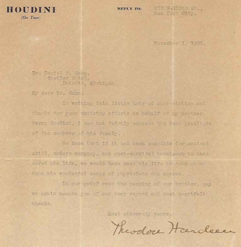 image - Among the documents in the Houdiniana Collection at the New York Public Library for the Performing Arts is a thank you letter from Harry Houdini’s brother to Dr. Daniel E. Cohn, who was Houdini’s doctor at the time of the escape artist’s death in Detroit on Oct. 31, 1926