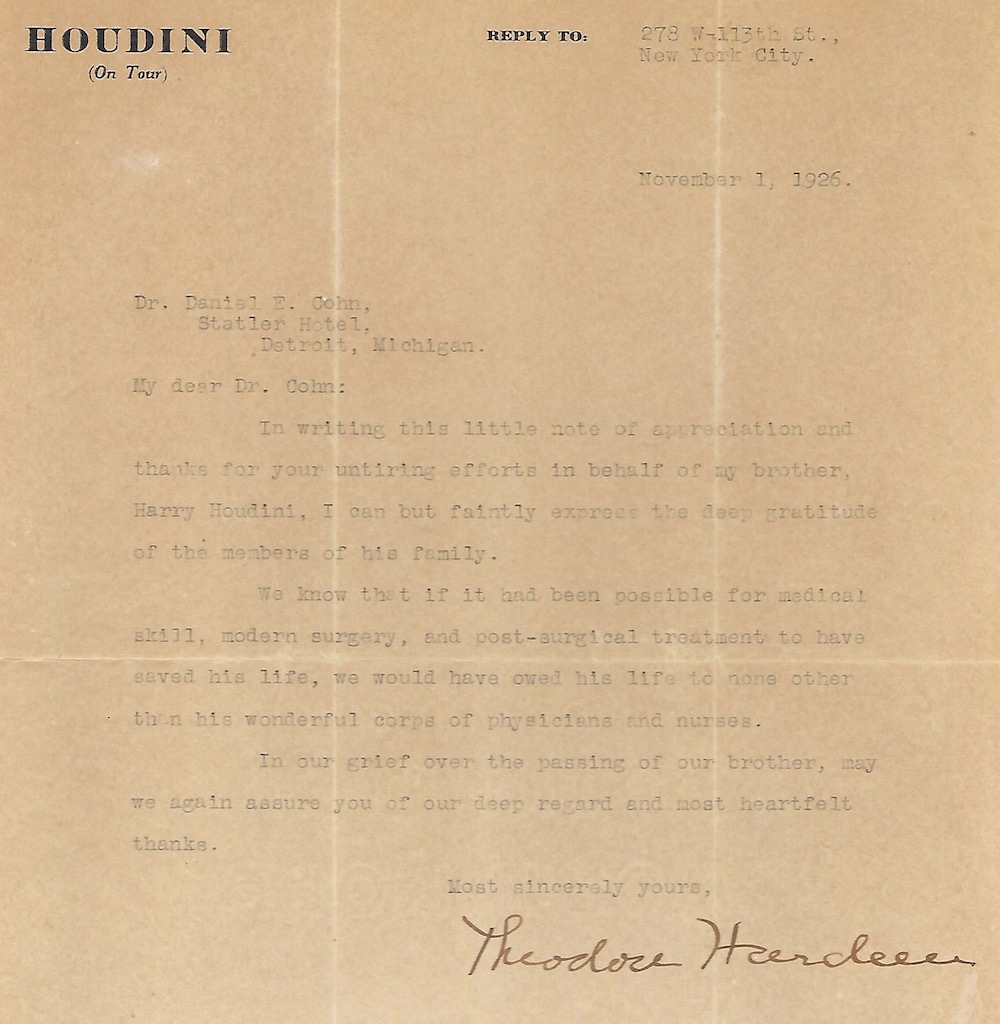 image - Among the documents in the Houdiniana Collection at the New York Public Library for the Performing Arts is a thank you letter from Harry Houdini’s brother to Dr. Daniel E. Cohn, who was Houdini’s doctor at the time of the escape artist’s death in Detroit on Oct. 31, 1926