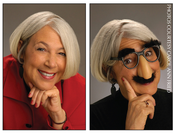 photos - Carol Ann Fried as herself, and as Groucho Marx. Fried presents the program Laughing Matters at the May 28 Jewish Seniors Alliance Spring Forum