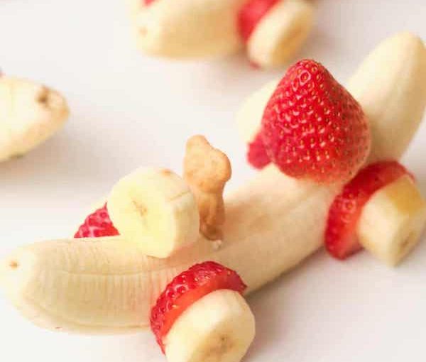 photo - Healthy food can make for a fun snack. The website hello, Yummy has lots of ideas about cooking for and with kids. This banana car with strawberry wheels and a graham cracker bear driver is but one option