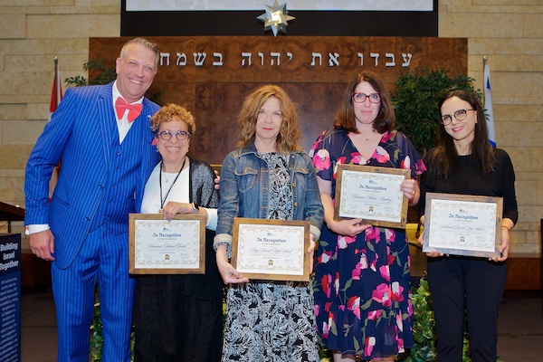 photo - Michael Sachs, executive director of JNF Pacific Region, presented the Educators Award to representatives from the four Jewish day schools, left to right: Myra Michaelson (VTT), Anna-Mae Wiesenthal (KDHS), Lisa Altow (VHA) and Bat Sheva Michaeli (RJDS)
