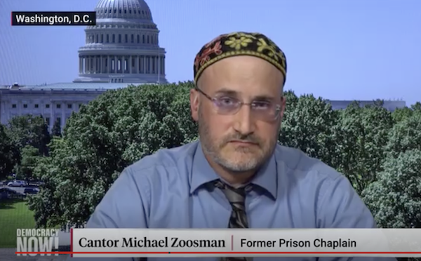 screenshot - L’chaim! Jews Against the Death Penalty co-founder Cantor Michael Zoosman on Democracy Now! with Amy Goodman on Aug. 2, 2023, reiterating L’chaim’s opposition to the death penalty for the Pittsburgh Tree of Life synagogue shooter – and in all cases