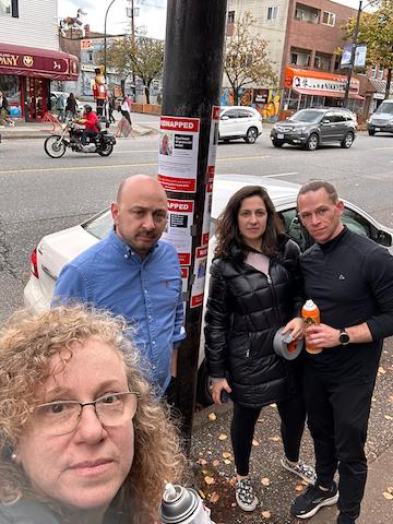 photo - Left to right: Flavia Markman, Ezra Shanken, Anet Bernadette and William Wolff. The four are among the many volunteers who have put up around the city approximately 20,000 posters with the faces, names and ages of Israelis taken hostage by the terrorist group Hamas. For more on the Bring Them Home Now effort