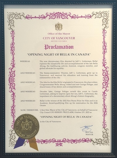 photo - Vancouver Mayor Ken Sim issued an official proclamation of Oct. 15, 2023, as the opening night of the film Bella! in Canada