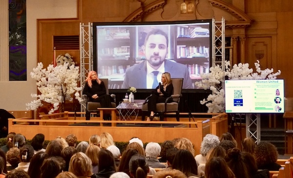 photo - Caroline D’Amore, left, Hussein Aboubakr Mansour and Emily Austin spoke to an audience of more than 550 at Congregation Schara Tzedeck Nov. 26 for the event Women United