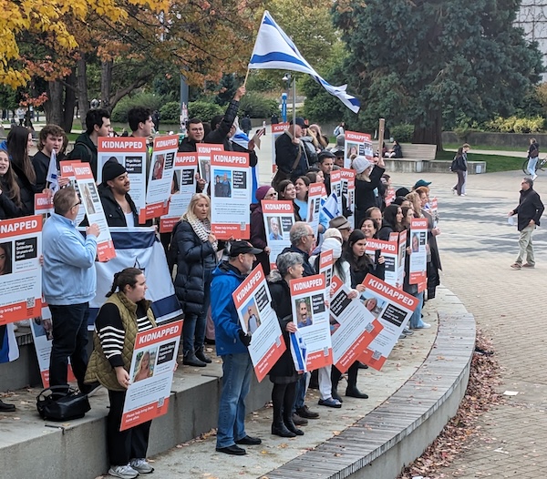 photo - On Nov. 1, about 200 Jewish students and their supporters engaged in a low-key demonstration at the University of British Columbia, with many holding posters of kidnapped Israelis. Since the terror attacks of Oct. 7 and the start of the Israel-Hamas war, universities and colleges worldwide have been hotbeds of conflict