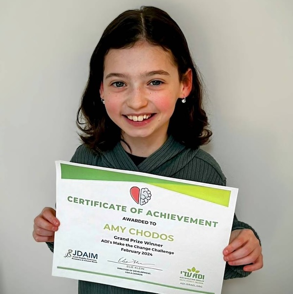photo - Amy Chodos, a Grade 4 student from Vancouver Talmud Torah, was chosen as the winner of ADI’s fourth annual Make the Change Challenge
