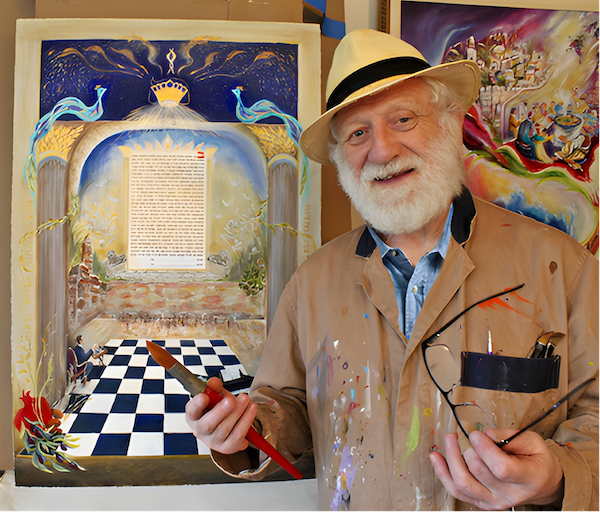photo - Mordechai Edel beside the personalized ketubah he created for A.J. and Olena Steigman; A.J. is a chess champion and Olena is a classical pianist