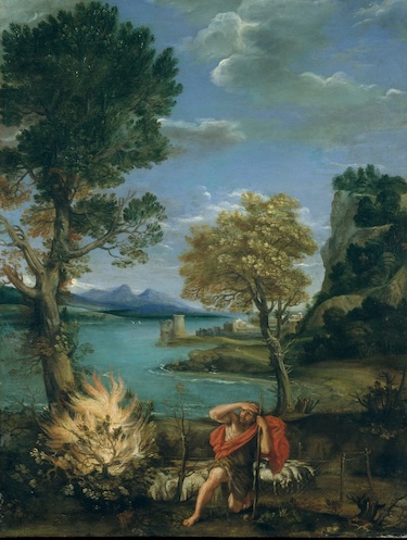 image - “Landscape with Moses and the Burning Bush,” by Domenichino (Italian, 1581-1641), painted sometime between 1610 and 1616
