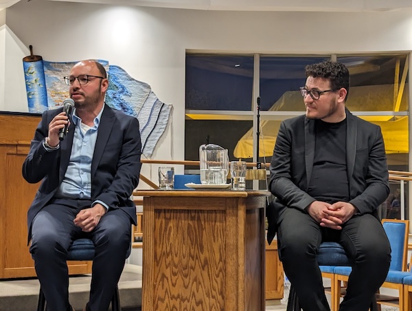 photo - Dr. Gil Murciano of Mitvim, the Israeli Institute for Regional Foreign Policies, and Uri Weltmann of Standing Together, spoke April 17 at Temple Sholom