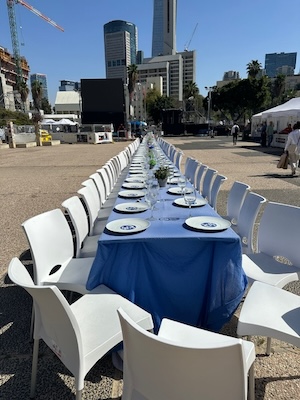photo - In Hostages Square, there are two tables set up: one for the hostages who have been released (left) and one for those still being held in Gaza (right)
