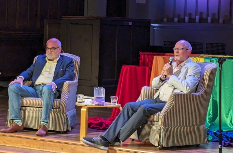 photo - Co-authors Raja G. Khouri, left, and Jeffrey J. Wilkinson in a conversation at Canadian Memorial United Church and Centre for Peace June 13