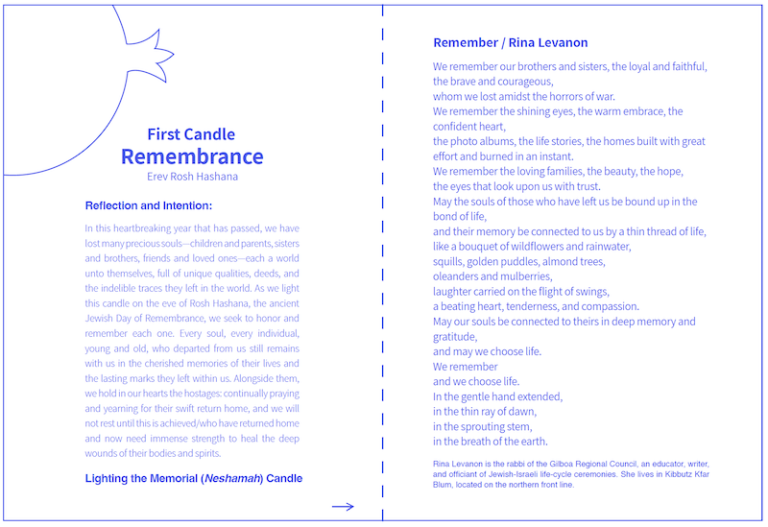 image - Erev Rosh Hashanah, from Shalom Hartman Institute’s Memory and Hope. For each holiday and Shabbat evening in Tishrei, the institute suggests we light a memorial candle before kindling the holiday and Shabbat lights, and offers an intention to recite before lighting this candle and a text to read afterward (both in English and in Hebrew)
