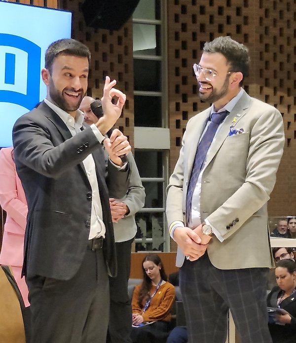 photo - In Toronto, Yoseph Haddad, left, with Daniel Koren, founder and executive director of Allied Voices for Israel, which sponsored Haddad’s Canadian tour