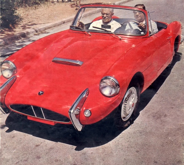 photo - Sussita entrepreneur Itzhak Shubinsky driving a Sabra Sport car, from the newspaper Barkav, in the 1960s