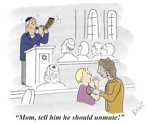 image - cartoon about shofar blowing in shul, by Beverley Kort