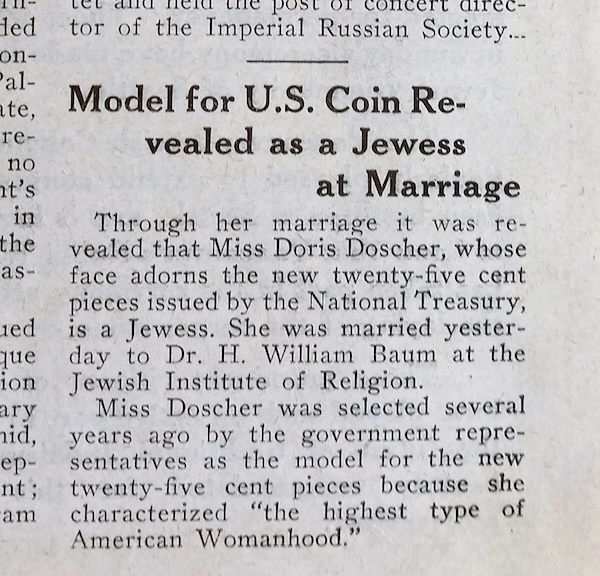 image - newspaper clipping: July 24, 1930: When Doris Doscher married, her Jewish identity was revealed
