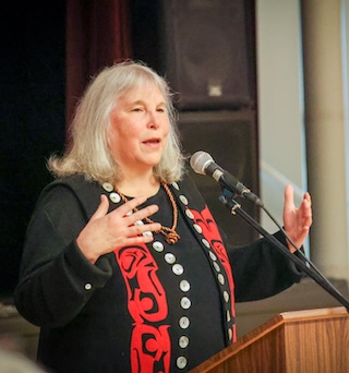 photo - Kim Reclama-Clutesi (Oqwilowgwa) speaks at this year’s Wallenberg-Sugihara Civil Courage Society Raoul Wallenburg Day event April 19