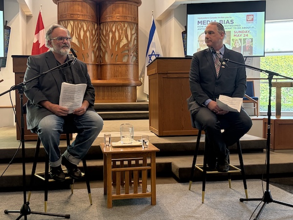 photo - Editor-in-chief of the National Post Rob Roberts, left, in conversation with journalist Dave Gordon at Upstanders Canada’s May 24 Media Bias event at Temple Sholom