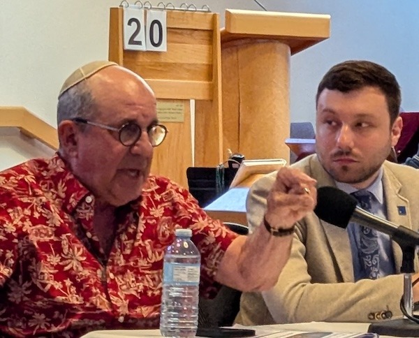 photo - Panelists Rabbi Philip Bregman, left, and Aron Csaplaros. Toronto city councilor James Pasternak spoke via remote link