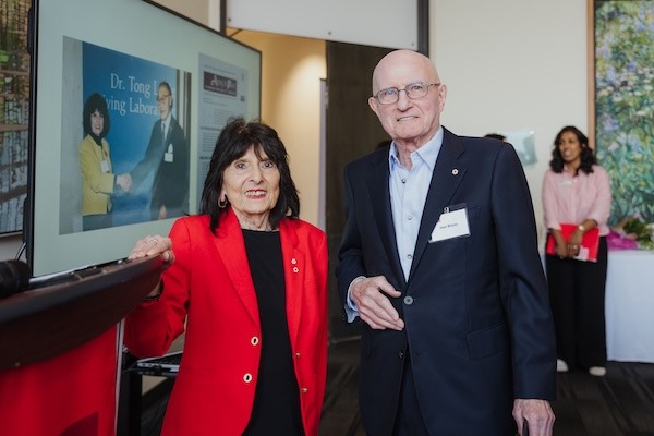 photo - Dr. Gloria Gutman with Dr. Jack Blaney at the April 22 reception at SFU Harbour Centre. Blaney hired Gutman when he was dean of continuing studies at Simon Fraser University