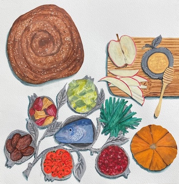 image - Rosh Hashanah seder plate, illustration by Cynthia Ramsay