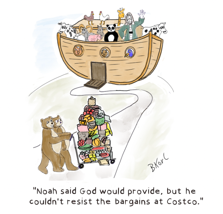 cartoon - Noah going to Costco to stock the ark